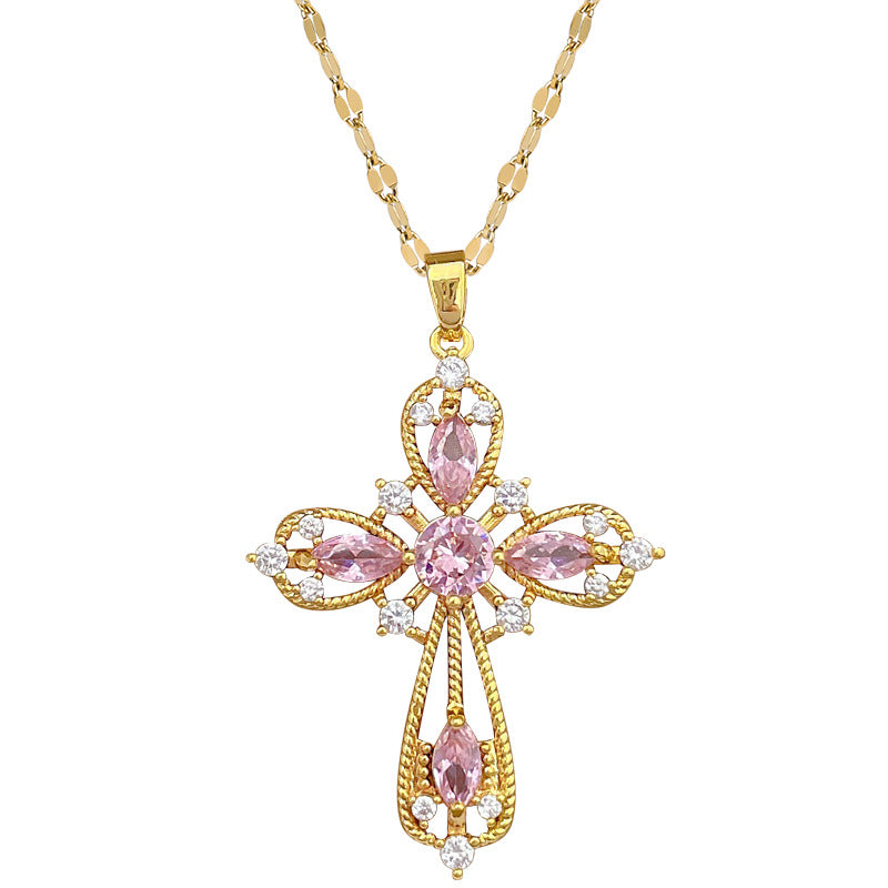 Lujoso collar con colgante de cruz dulce de acero de titanio con incrustaciones de diamantes de imitación en cadena de cuello