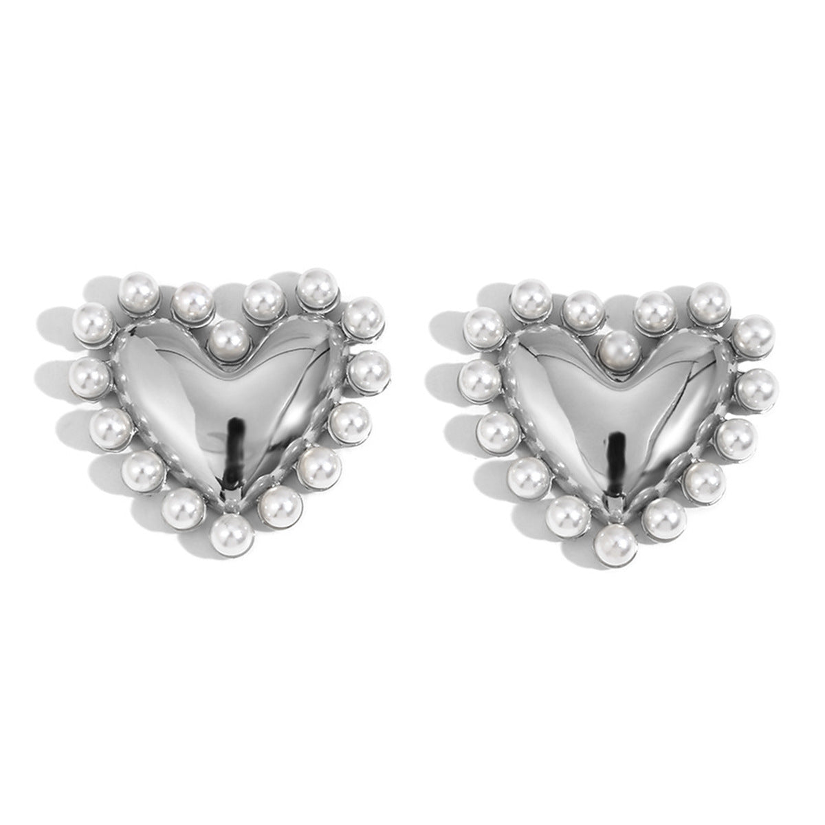Pendientes de aleación con forma de corazón minimalista y perlas de imitación, acabado galvanizado para mujer