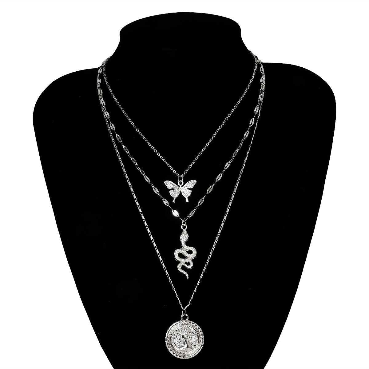 Engraved Butterfly Iron Necklace Set with Curb Chain for Women