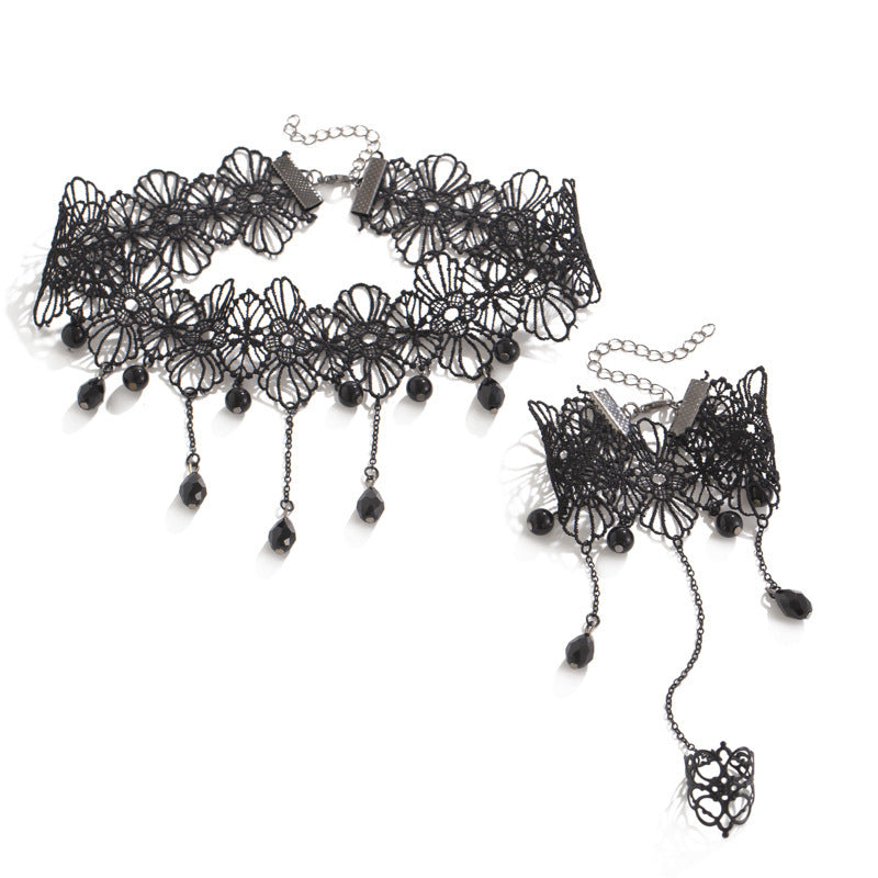 Gothic Dark Floral Crystal Pendant Necklace with Lace Chain for Women