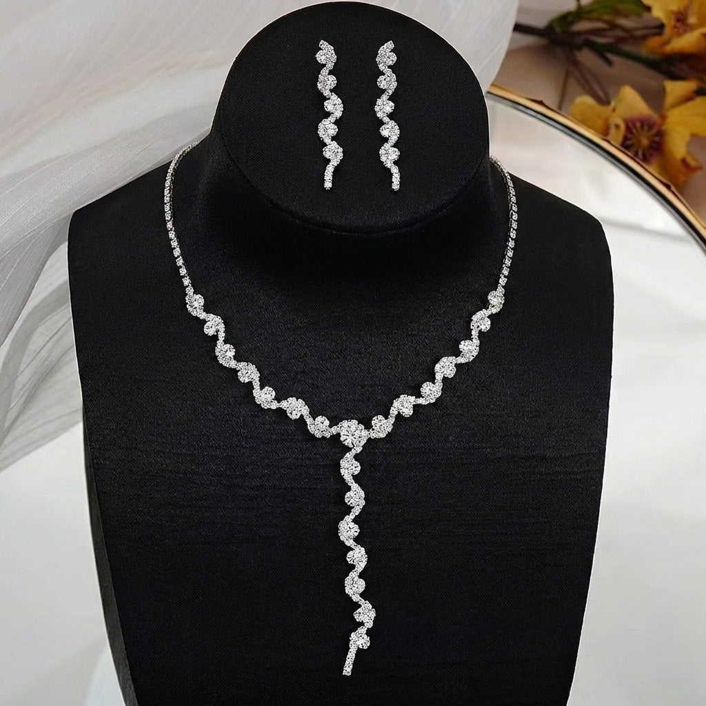 Vintage Elegant Full Rhinestone Inlaid Heart Teardrop Brass Necklace and Earring Set for Women