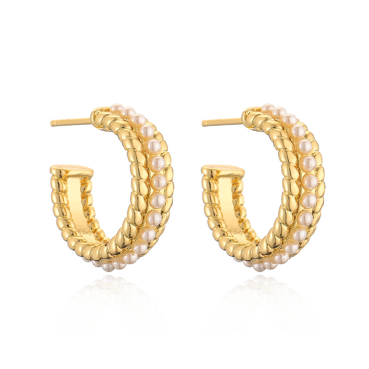 Orecchini a Cerchio Minimalisti Retrò a C con Perle e Placcatura in Rame da Donna, Design Geometrico Irregolare, Alla Moda per Tutti i Giorni