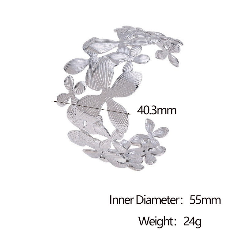 Minimalist 18K Gold Plated Stainless Steel Wide Cuff Bracelet with Lily Flower Design for Women