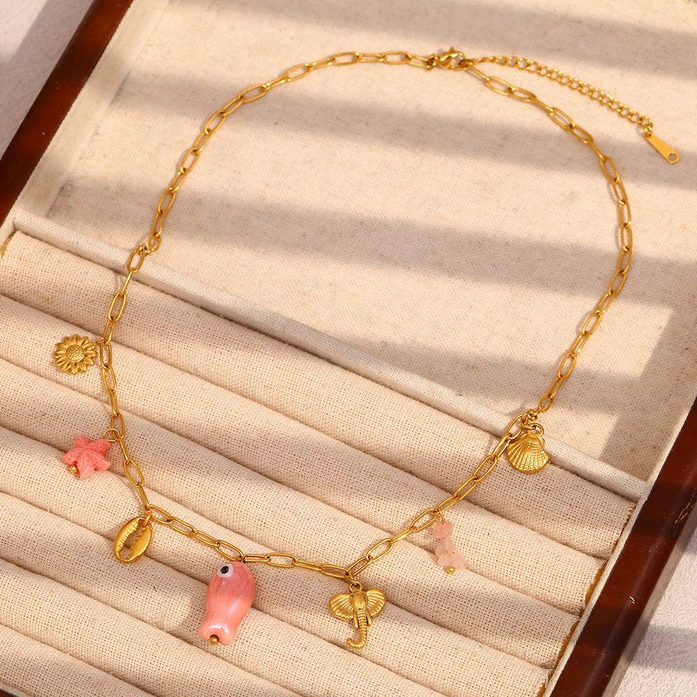Fashion OL Pink Seashell Fish Pendant Necklace in Stainless Steel with 18K Gold Plating for Women