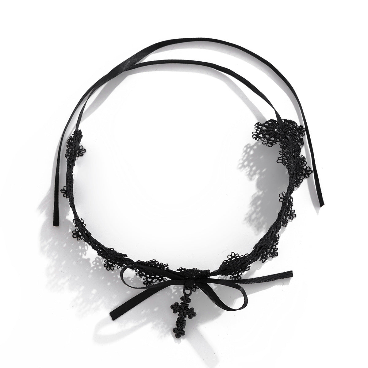 Gothic Heart Pendant Alloy Plated Necklace with Lace and Bow for Women