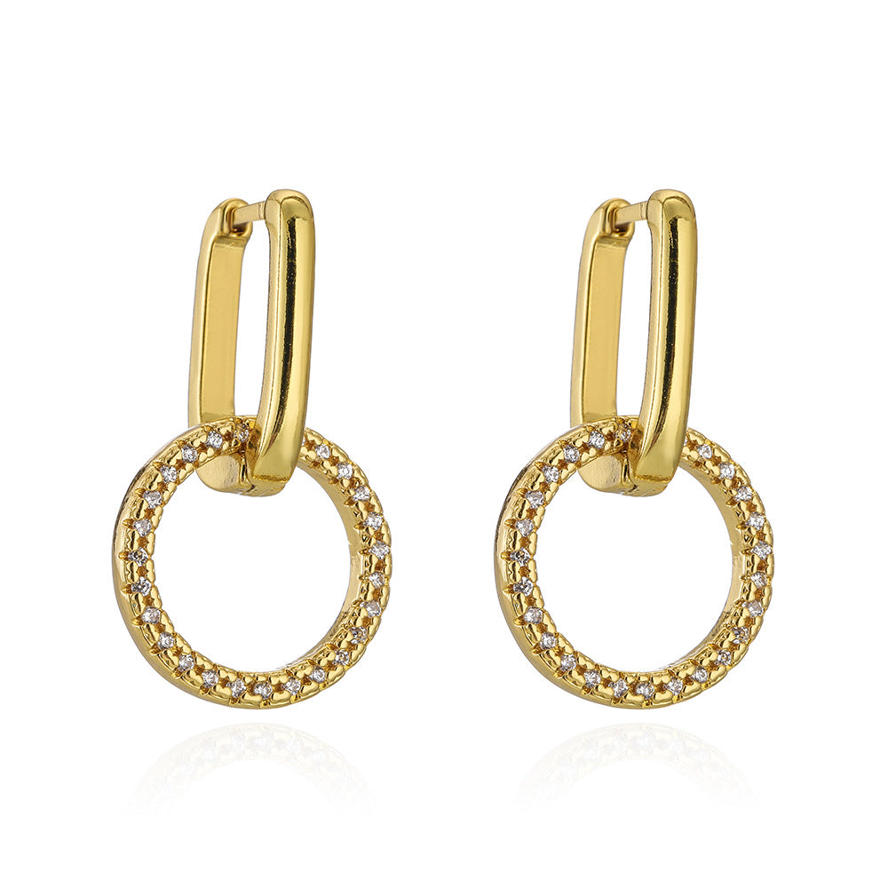 Minimalist Irregular Geometric Copper Stud Earrings with 18K Gold Plating and Zircon Accents for Women