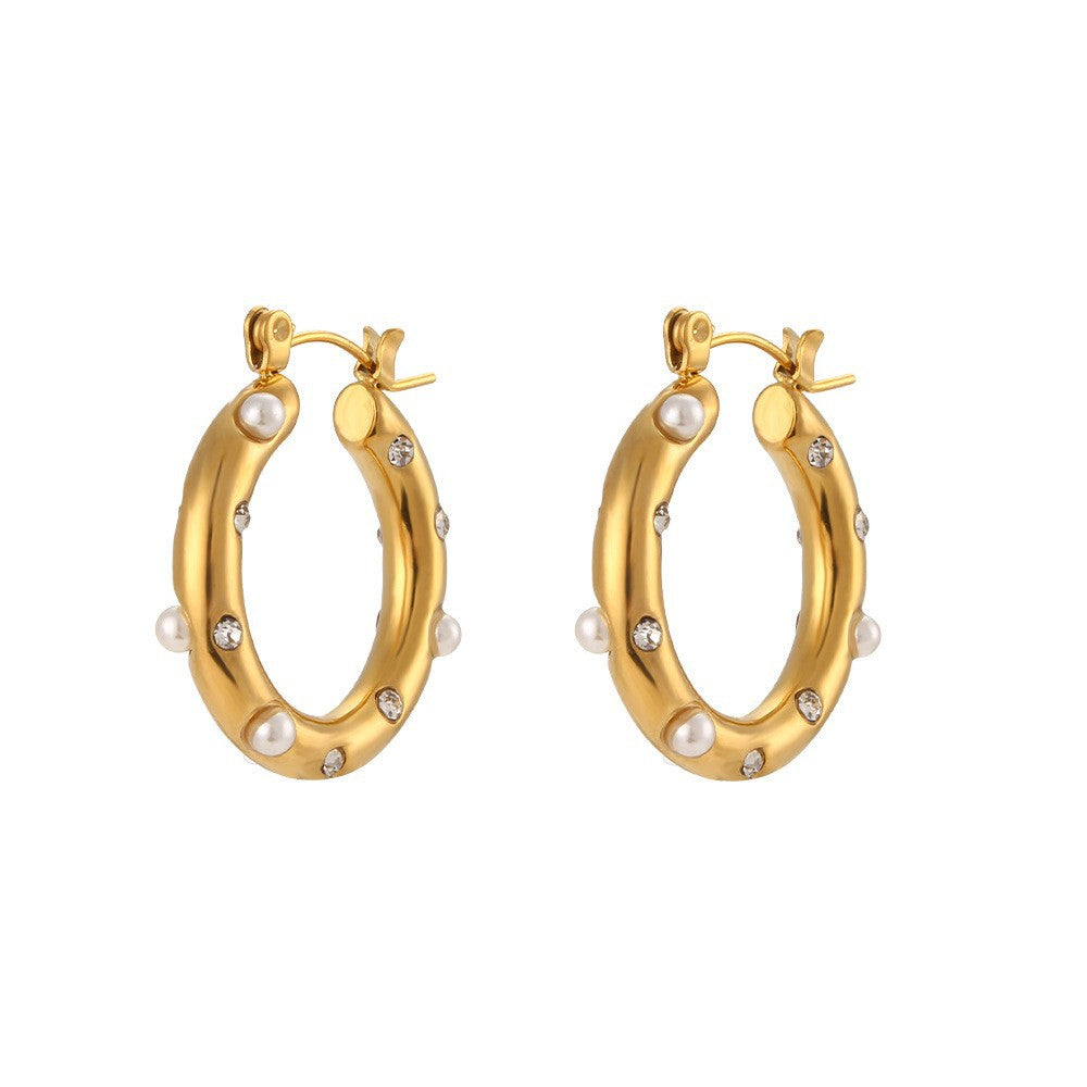 Orecchini a clip minimalisti geometrici in acciaio inossidabile con placcatura in oro 18 carati e punti micro-pavé per donne