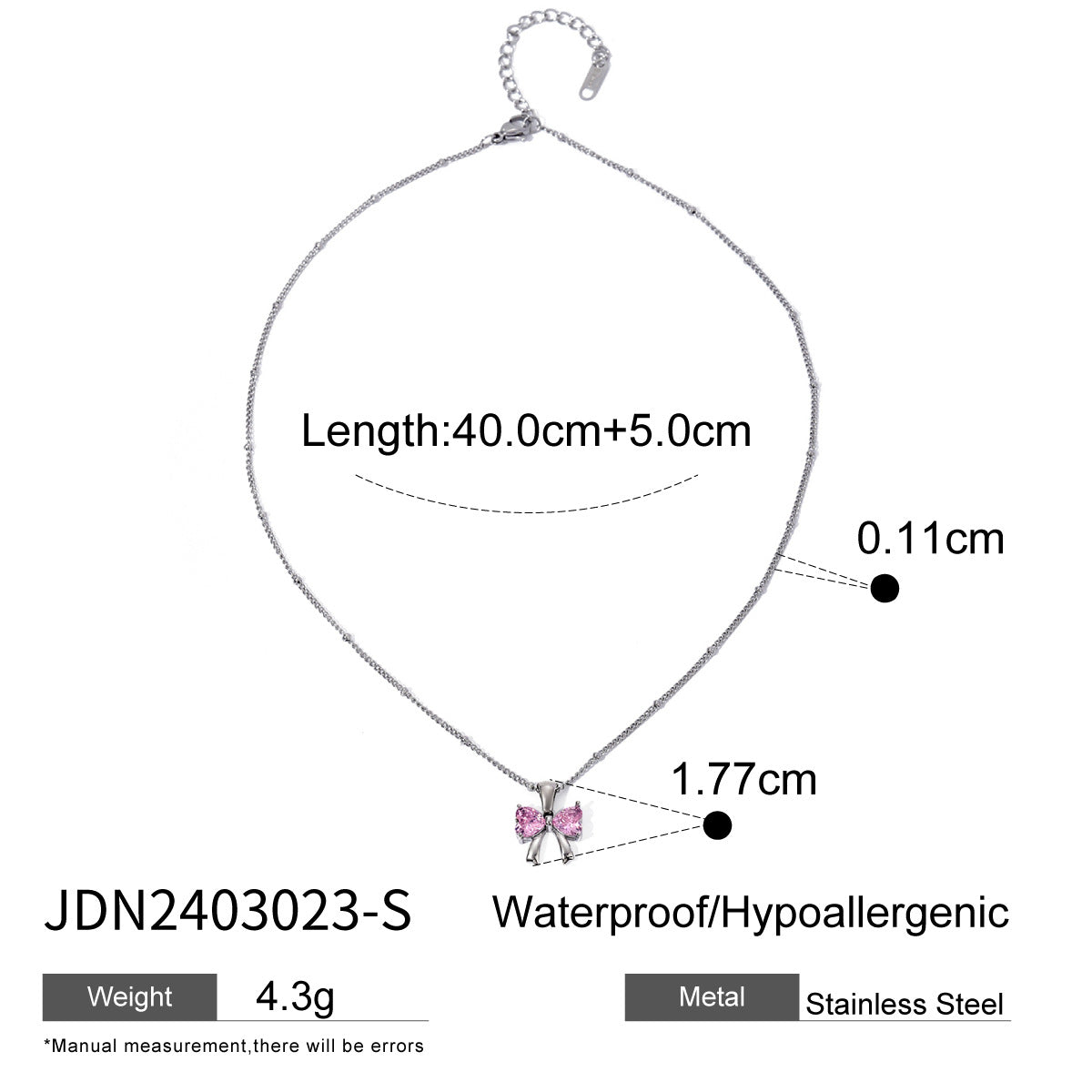 18K Gold Plated Stainless Steel Bow Necklace with White Cubic Zirconia for Women