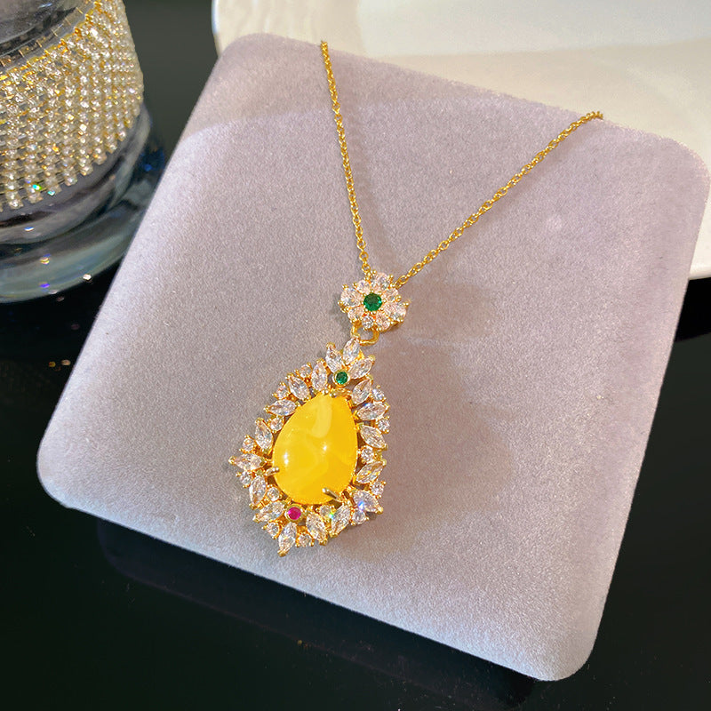 Sweet Sporty Heart Fruit Lemon Yellow Agate Inlay Brass Pendant Titanium Steel Plated Cable Chain Necklace
