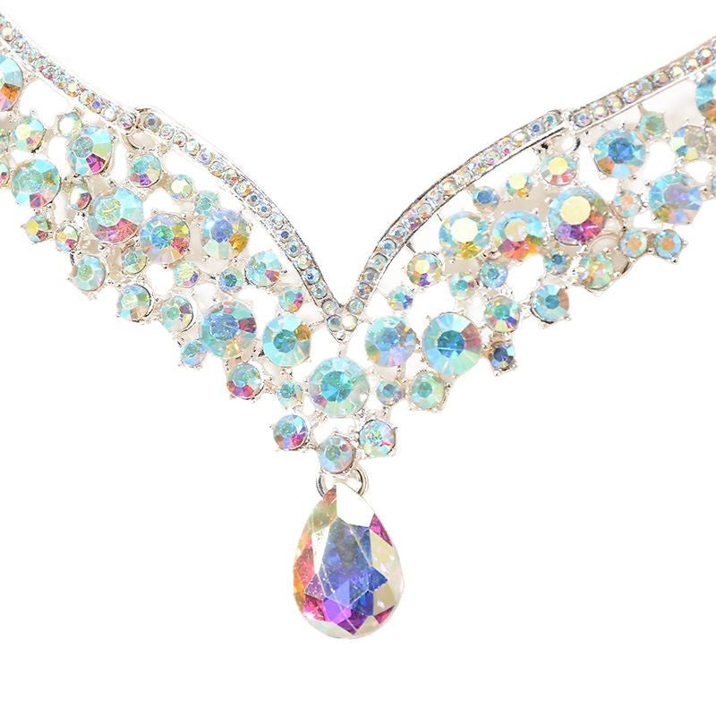 Luxury Elegant Rhinestone Plated Heart Teardrop Round Oval Pendant Necklace and Earrings Set for Women