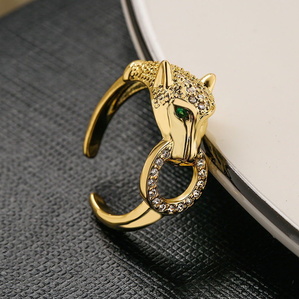 Hip Hop Style Leopard-Shaped Geometric Ring for Women in Brass with 18K Gold Plating and Zircon Inlay