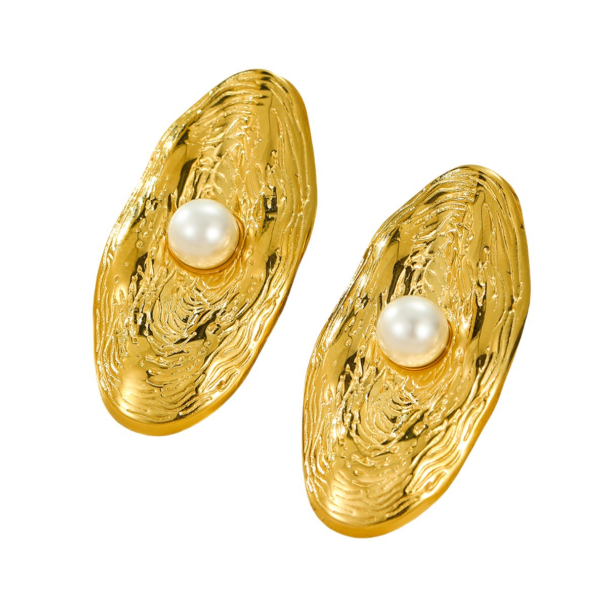 Elegantes Pendientes de Botón Ovalados Arrugados con Perlas para Mujer de Acero Inoxidable con Baño de Oro de 18K