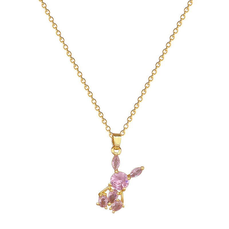 Pink Rabbit Pendant Necklace for Women Stainless Steel Chain with Full Rhinestone Accents Geometric Design Elegant Minimalist Locket Style