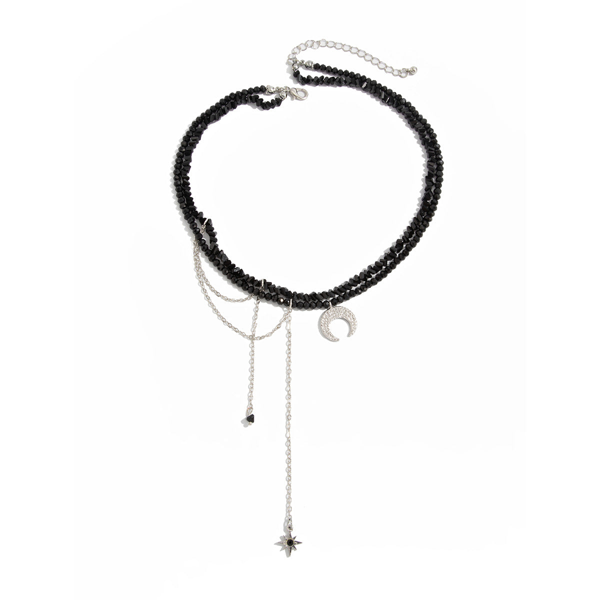 Punk Hip-hop Moon Pendant Alloy Necklace with Crystal Beads Plated Chain for Women