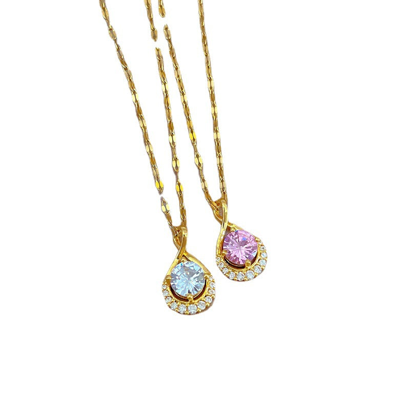 Collana con ciondolo a goccia delicata da donna in acciaio al titanio con intarsio completo di strass, design geometrico, stile minimalista e fresco/dolce