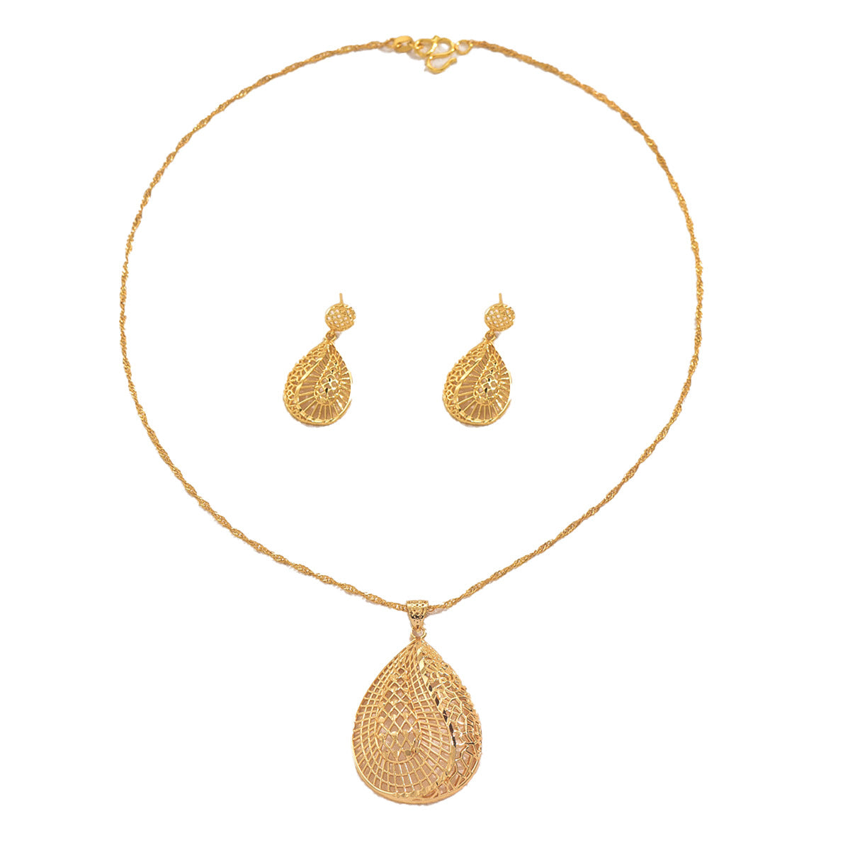 Elegante juego de collar y pendientes de cobre con forma de gota de agua minimalista para mujer con acabado chapado