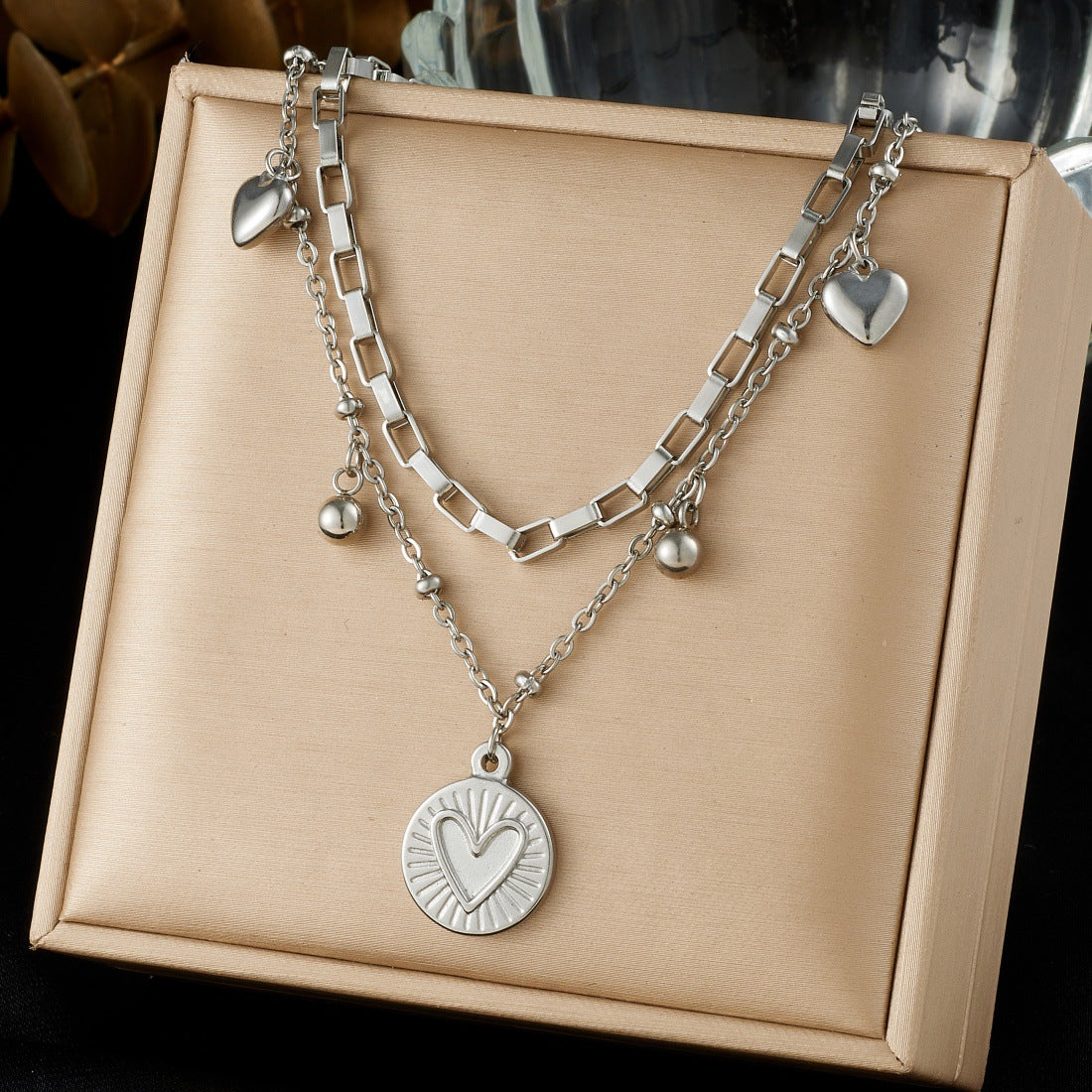 Minimalist Gold Plated Stainless Steel Heart Round Pendant Necklace with Curb Chain