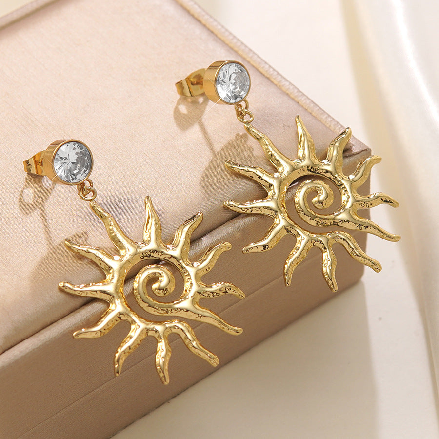 Vintage Geometric Sun Stainless Steel Earrings with Rhinestone Inlay for Women