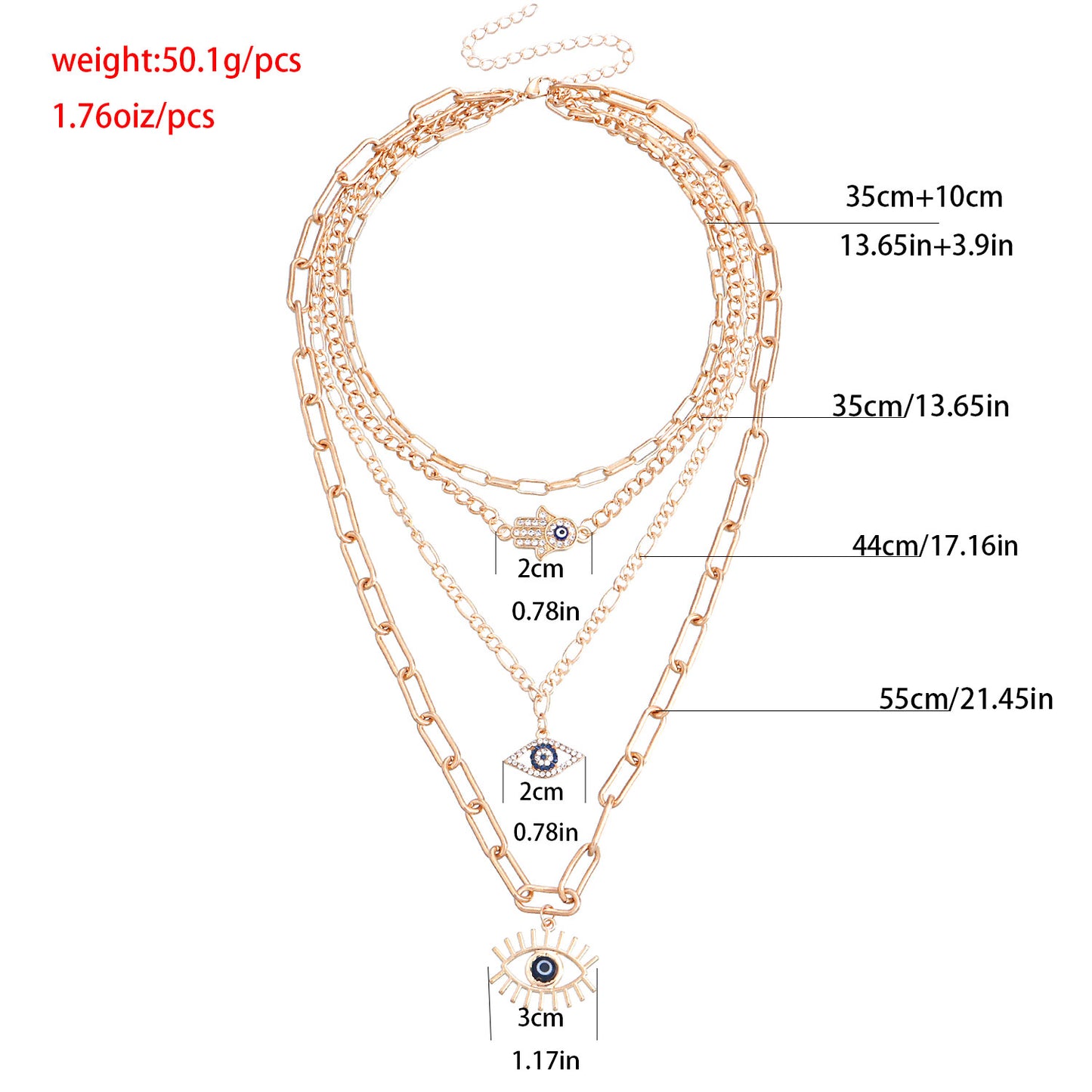 Vintage Multi-Layer Bamboo-Joint-Shaped Evil Eye Pendant Necklace for Women with Rhinestone Inlay and Gold-Plated Alloy