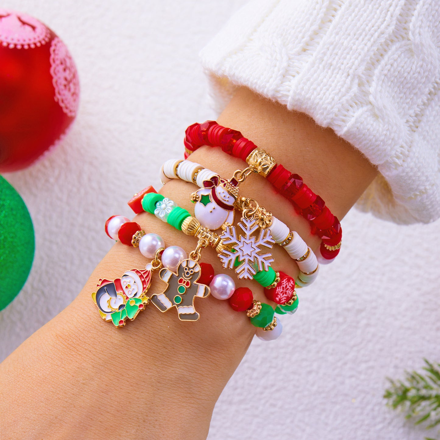 Christmas-Themed Handcrafted Alloy Bracelet Set with Santa Elk Bell Crystal Pearl Adjustable Braided Design for Unisex Wear
