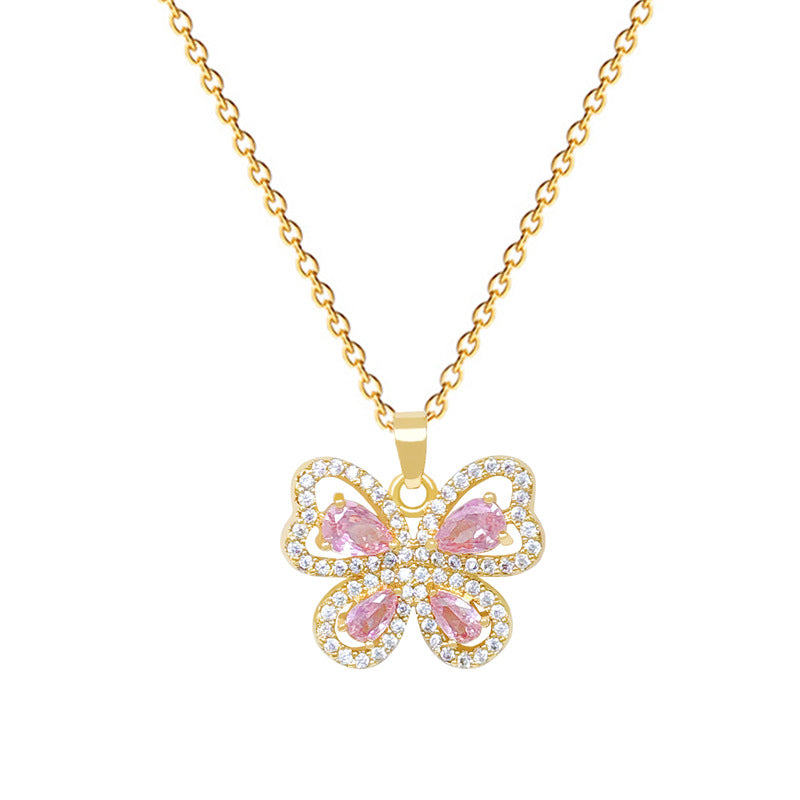 Sweet Minimalist Pink Butterfly Hollow Rhinestone Titanium Steel Necklace for Women