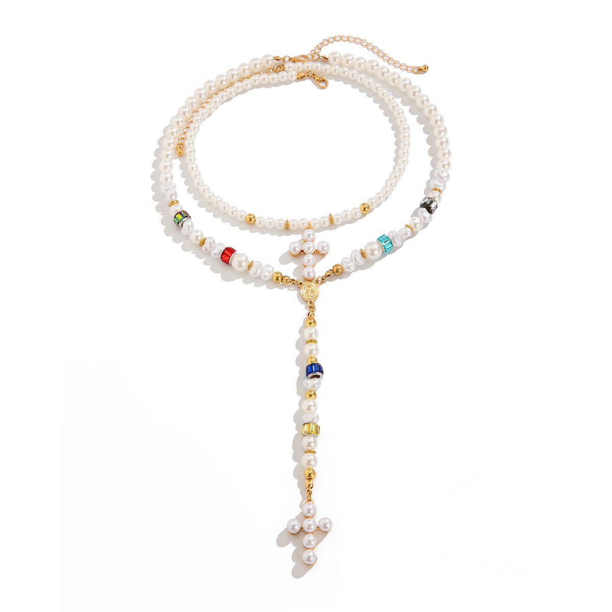 Minimalist Cross Pearl Rhinestone Alloy Plated Necklace Set for Women