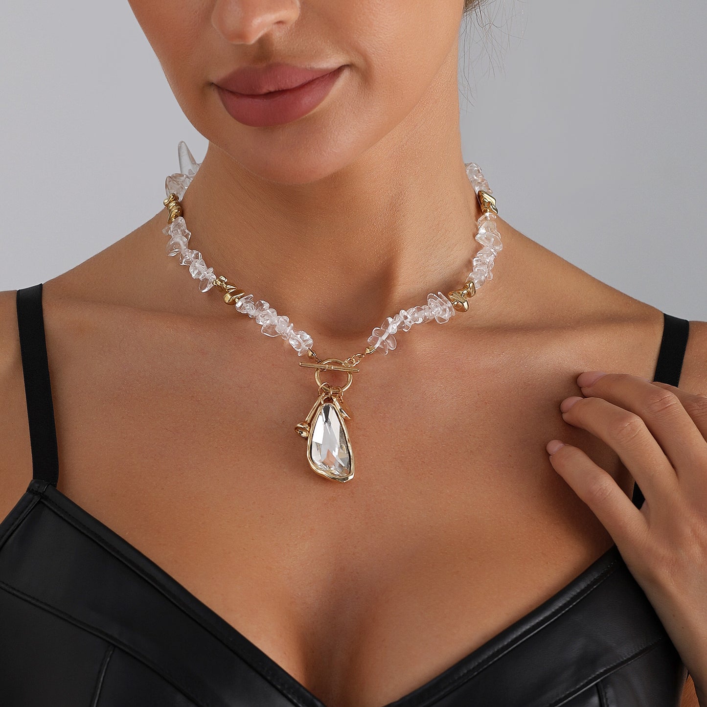 Minimalist Geometric Multi-Faceted Crystal Inlay Alloy Pendant Necklace Asymmetric Design for Women