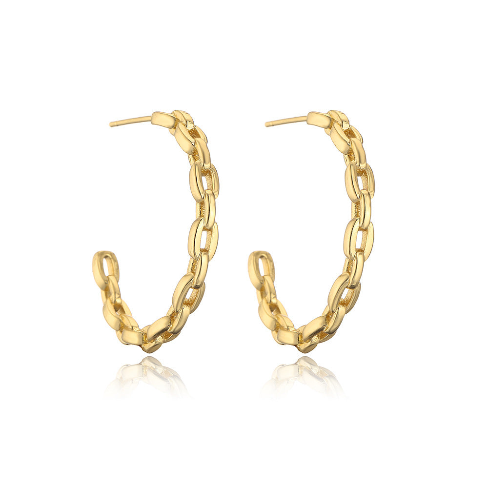 Minimalist Geometric C-Shaped Heart Hoop Earrings for Women in Brass with 18K Gold Plating and Cubic Zirconia Inlay