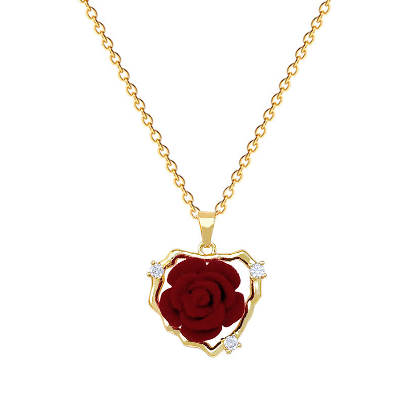 Sweet Elegant Heart Floral Rhinestone Titanium Steel Necklace Unisex Cable Chain