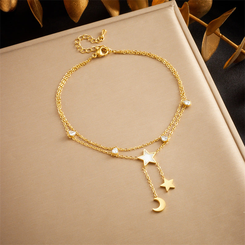 Minimalist Stainless Steel Star Anklet with Layered Chain and Tassel