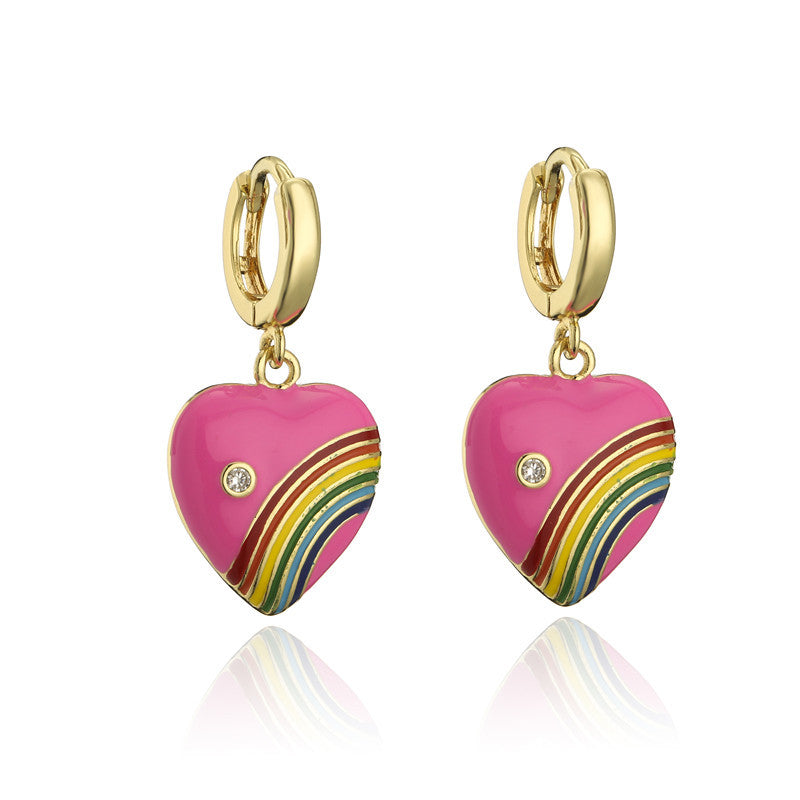 Vintage Drip Oil Rainbow Heart Geometric Brass 18K Gold Plated Micro-set Cubic Zirconia Earrings for Women