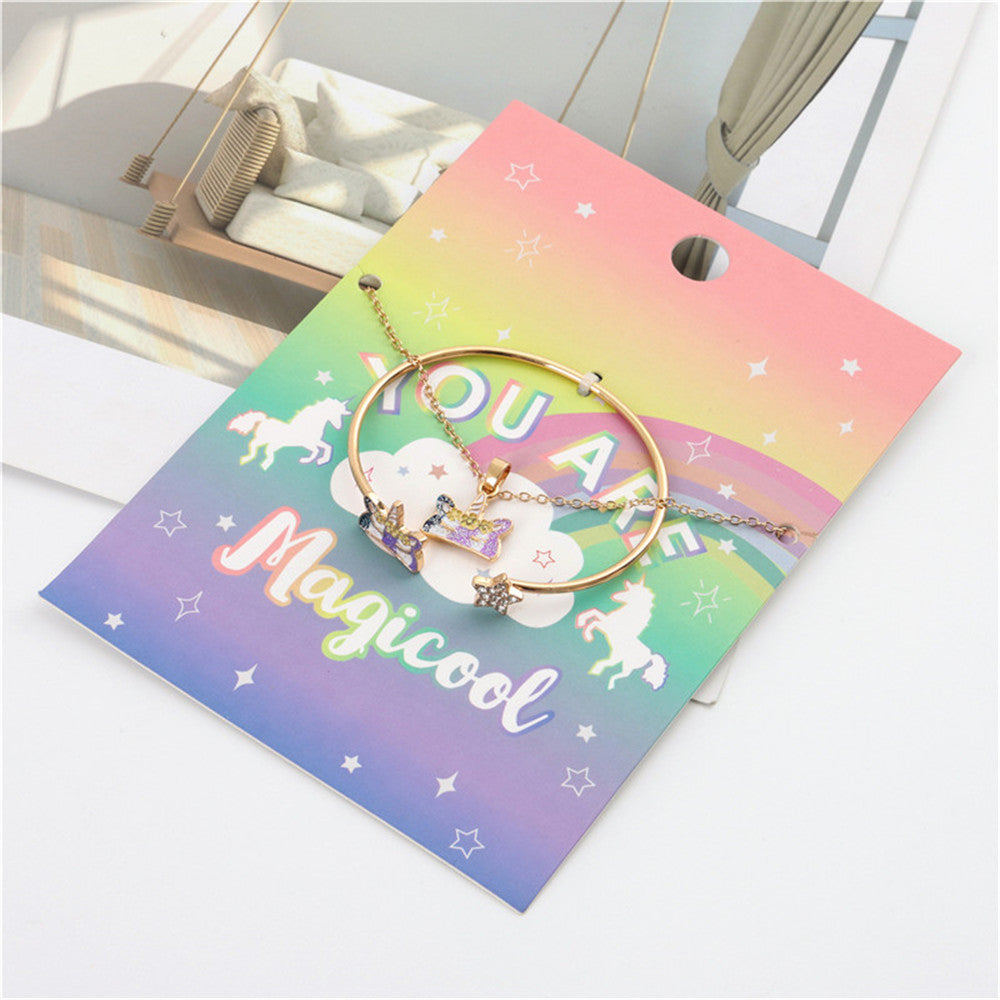 Sweet Cartoon Animal Style Alloy Swan and Unicorn Pendant Necklace Set with Enamel Finish for Girls
