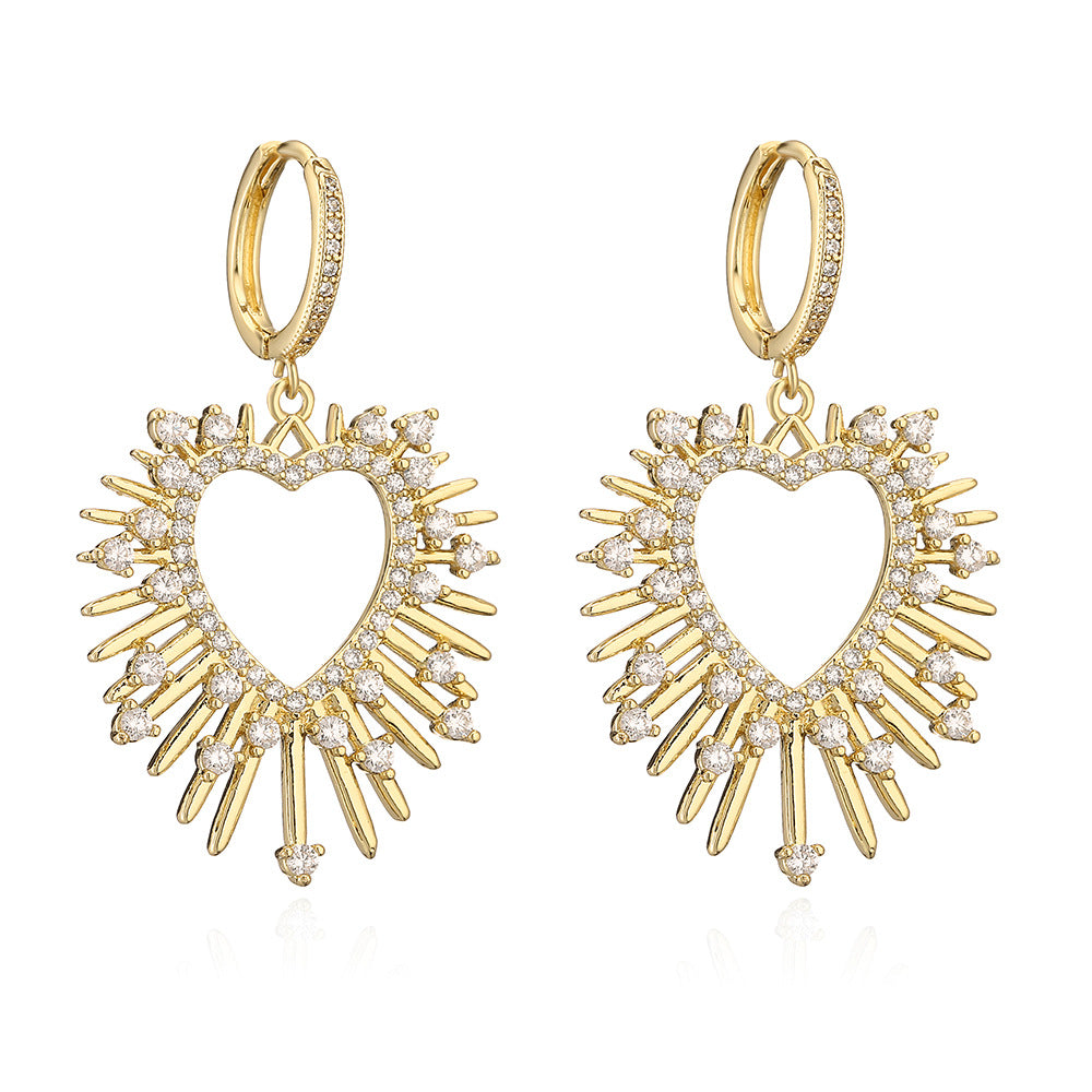 Orecchini pendenti minimalisti a cuore in rame placcato oro 18 carati con intarsio di zirconi per donna