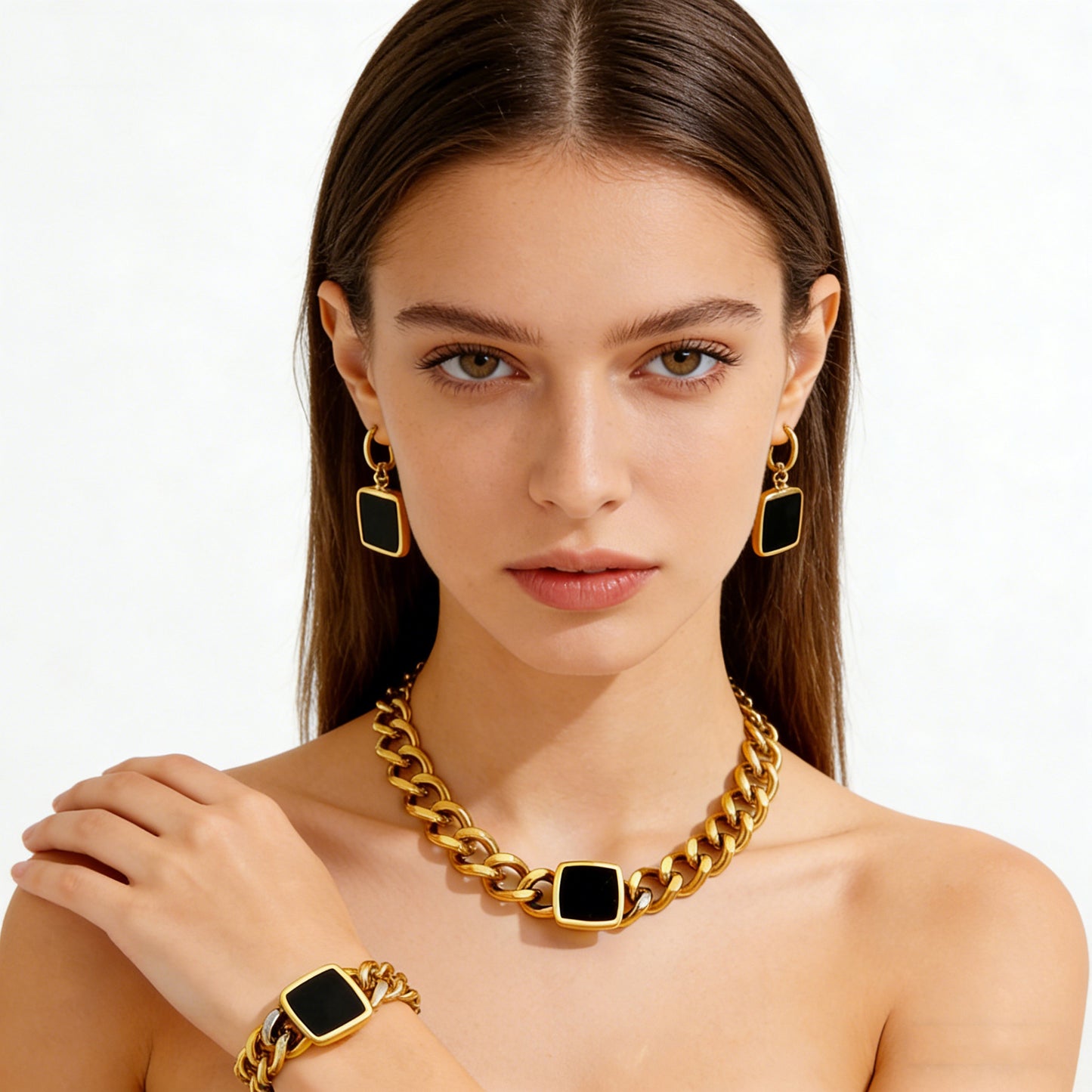 Hip-hop 18K Gold PVD Geometric Stainless Steel Cuban Link Chain Necklace and Bracelet Set