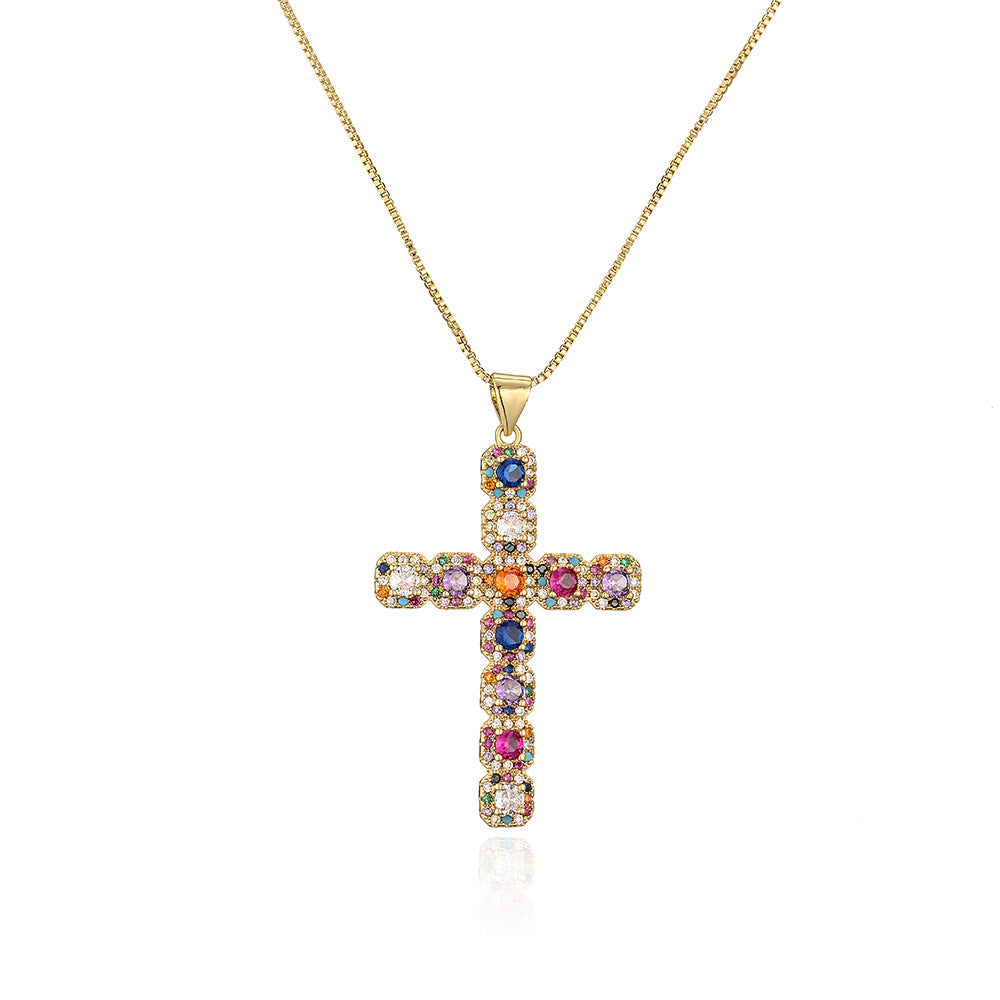 Collana con Pendente Geometrico Minimalista da Donna in Ottone Placcato Oro Vero e Intarsiato con Zirconi Arcobaleno