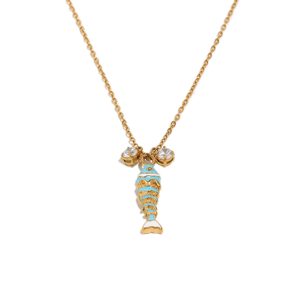 Elegant 18K Gold Plated Stainless Steel Drip Oil Animal Pendant Necklace with Cubic Zirconia for Women