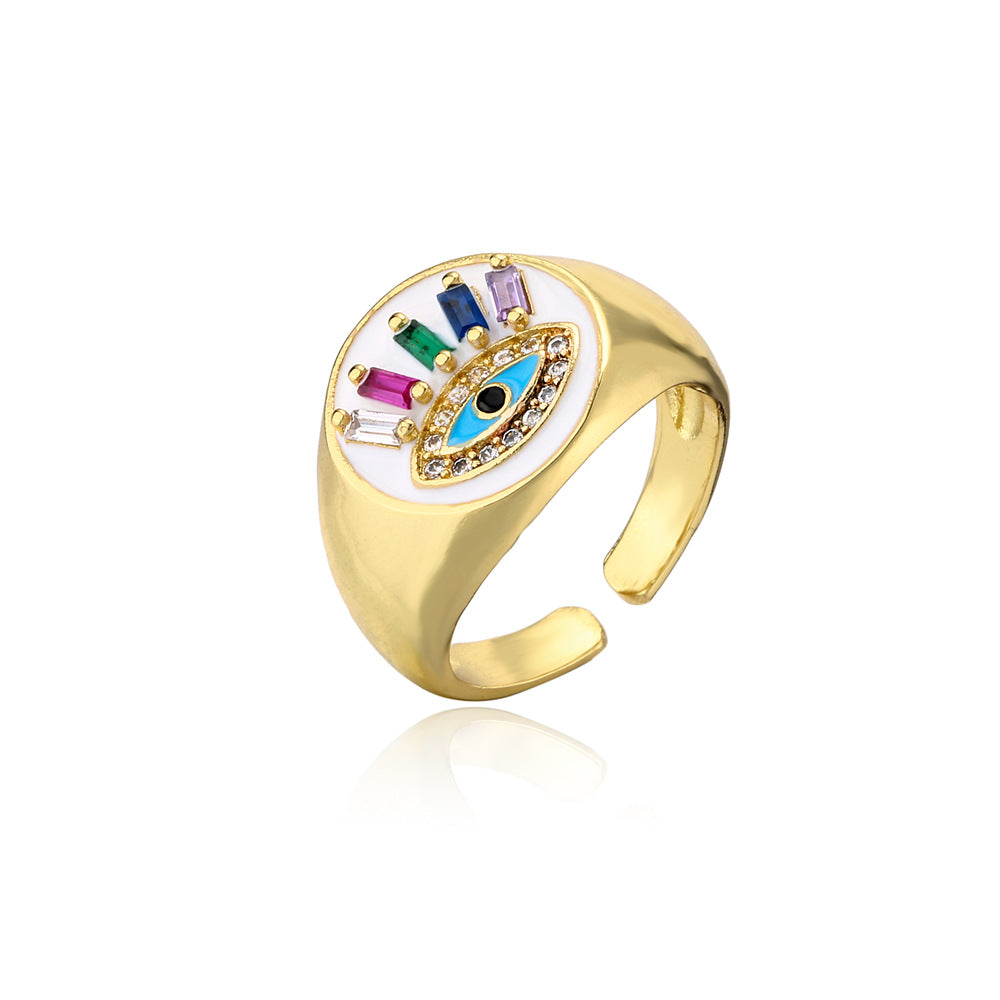 Geometric Brass Gold Plated Ring with Cubic Zirconia and Drip Oil Eye Design for Women