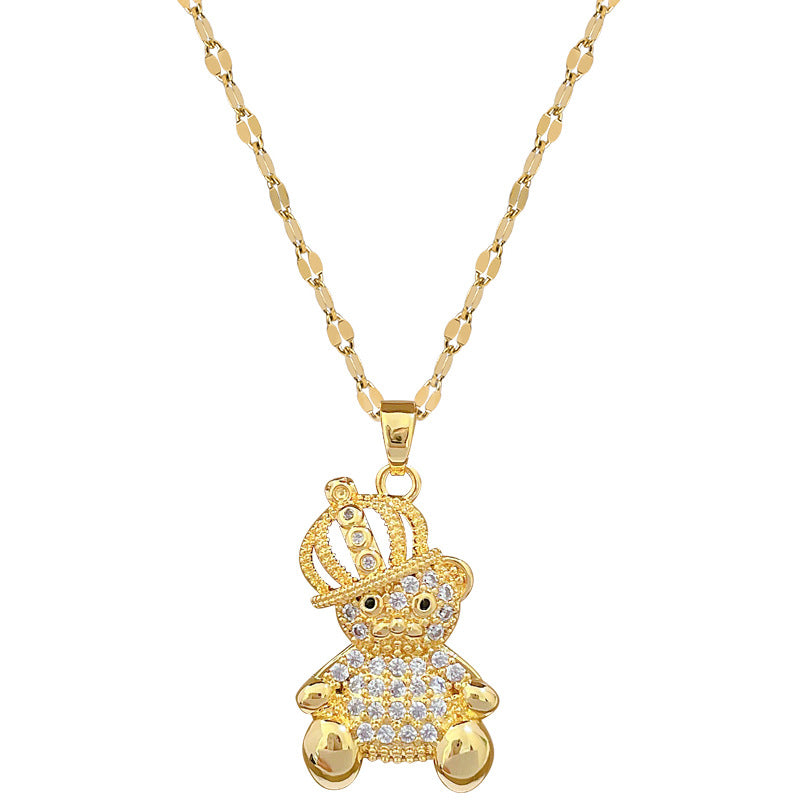 Collar con colgante de oso minimalista con diseño de corona de circonitas en acero de titanio para mujer y hombre