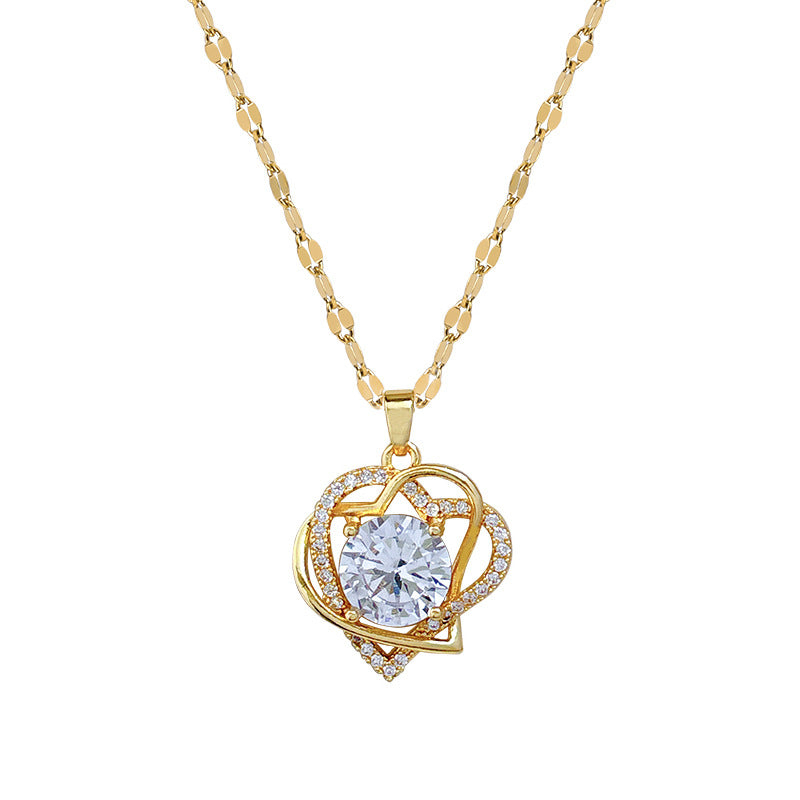 Collar de acero inoxidable de doble capa con forma de corazón e incrustaciones de diamantes de imitación para mujer, cadena de clavícula minimalista y elegante