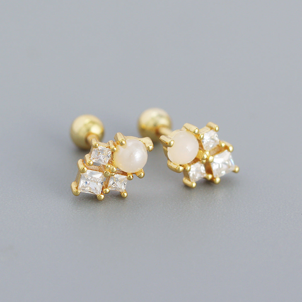Orecchini da donna geometrici minimalisti a lobo, a vite, con zirconi quadrati in argento sterling S925 con finitura galvanica