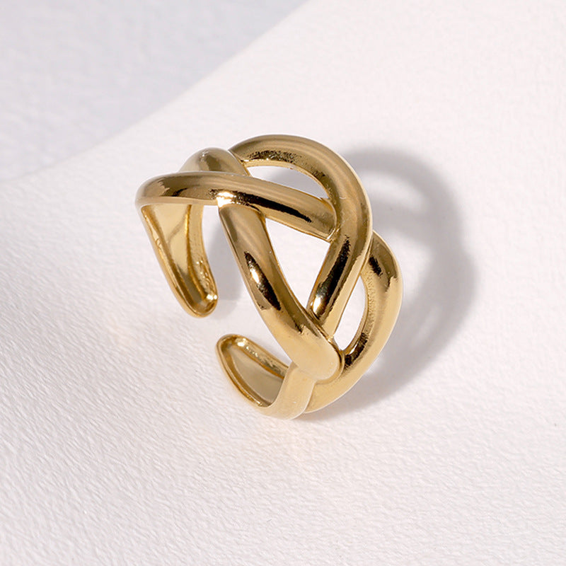 Anillo Minimalista Geométrico de Acero Inoxidable con Diseño Trenzado Entrelazado y Banda Abierta Ajustable para Mujer