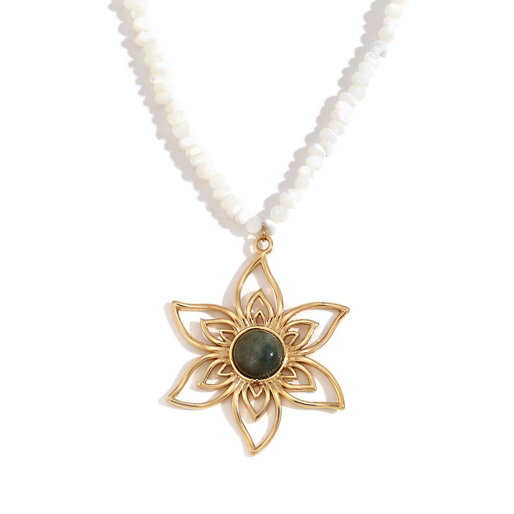 Collana Pendente Floreale Vintage in Acciaio Inossidabile con Placcatura in Oro 18K, Dettaglio in Pietra Naturale Fatto a Mano, Gioielli Quotidiani da Donna