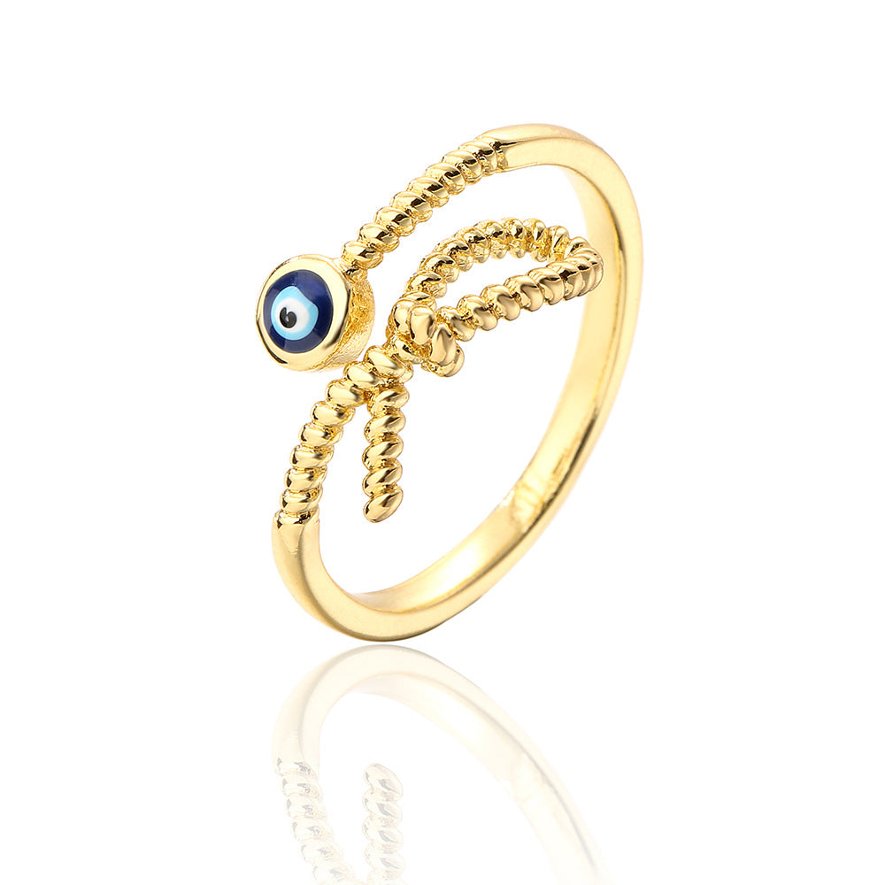 Anello Geometrico a Occhio Aperto da Donna in Rame con Placcatura in Oro 18K e Finitura Smaltata con Intarsio in Zirconi