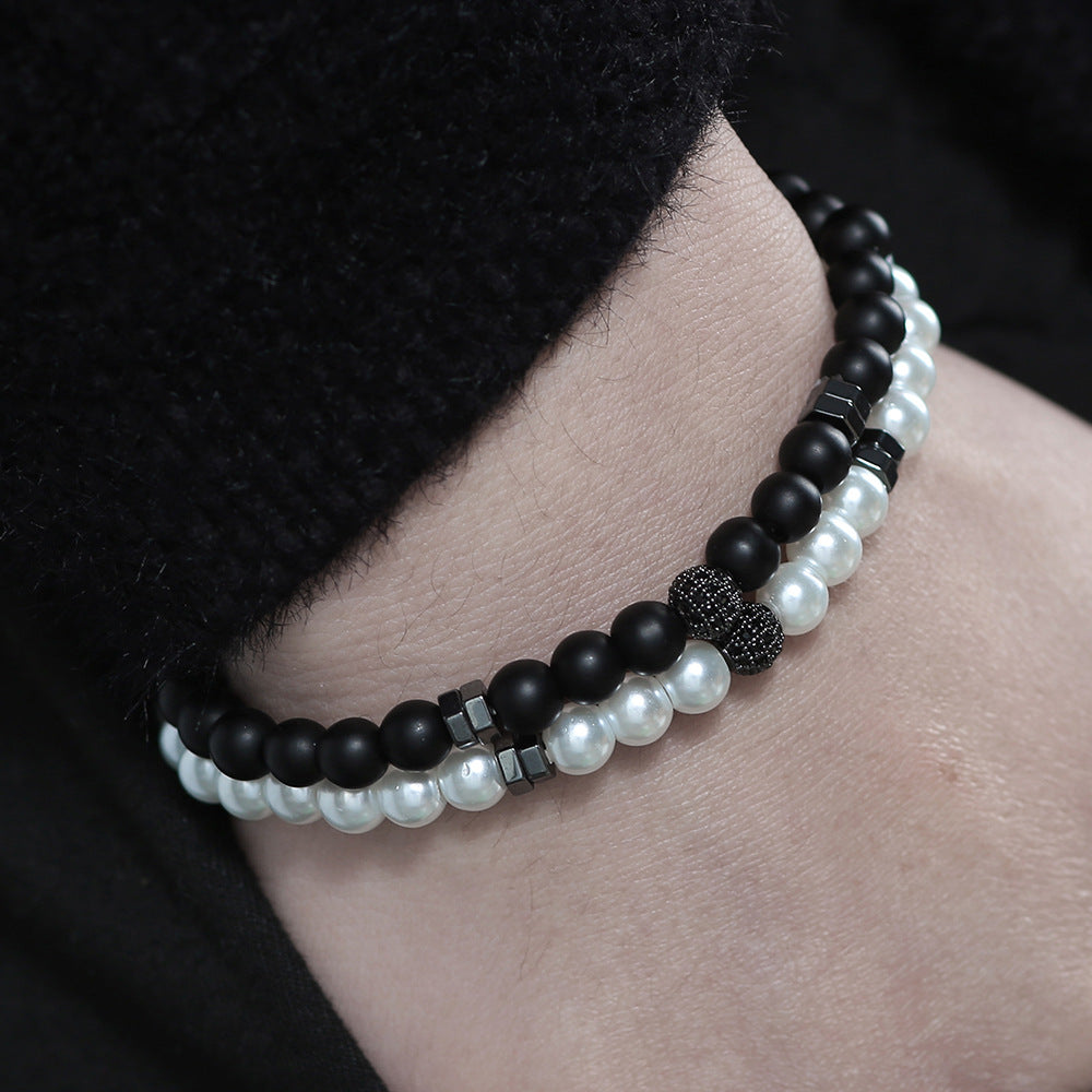 Hip-hop Matte Black Imitation Pearl Beaded Bracelet with Micro-pave Cubic Zirconia