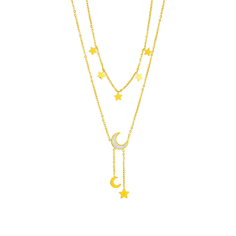 Collana a strati in acciaio al titanio con pendente minimalista a forma di stella e luna geometrica con dettaglio nappa da donna