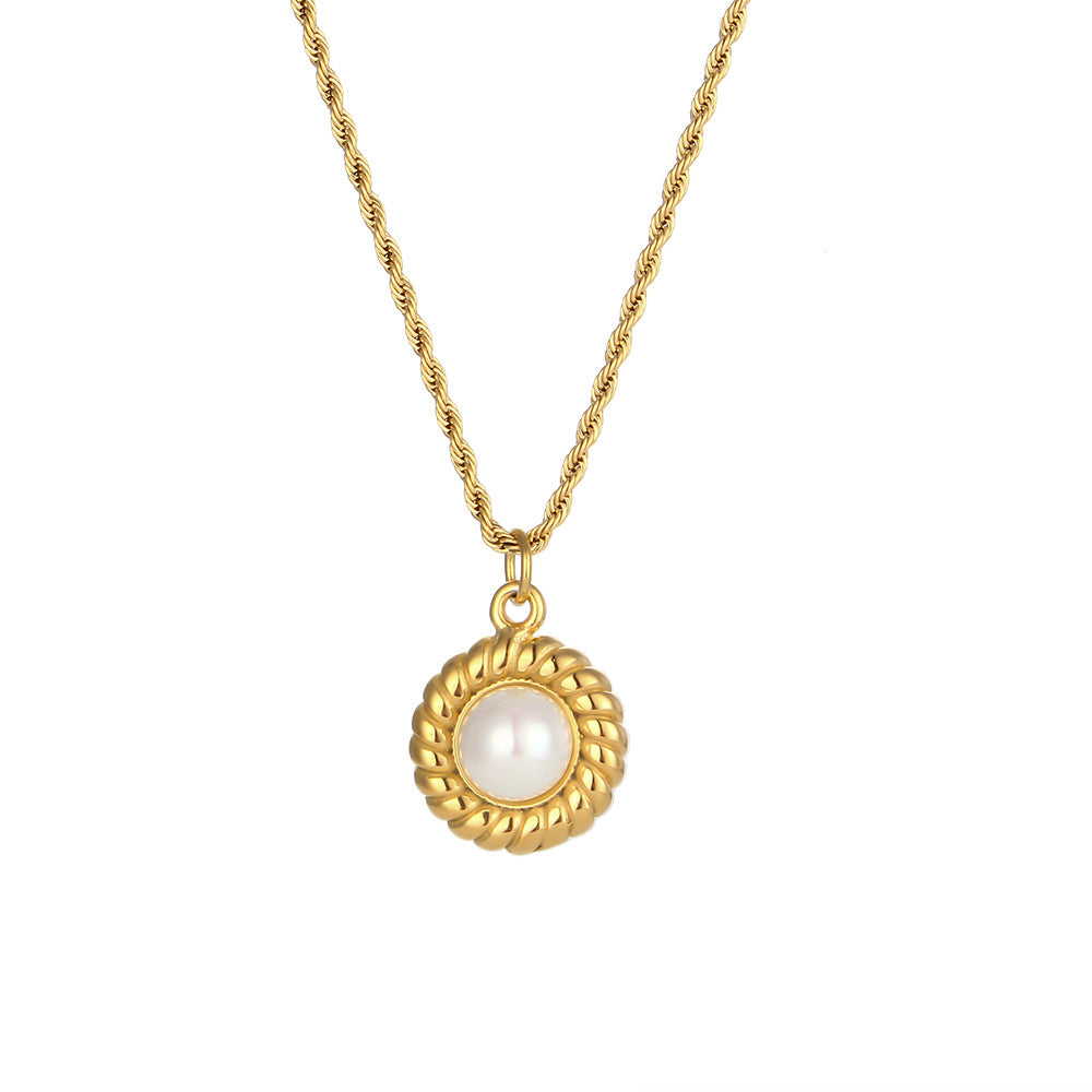 Collana con Pendente Vintage di Agata Geometrica in Acciaio Inox, Placcatura in Oro 18K e Catena Ondulata