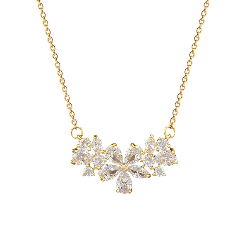 Sweet Minimalist Geometric Floral Cubic Zirconia Pendant Titanium Steel Necklace for Unisex