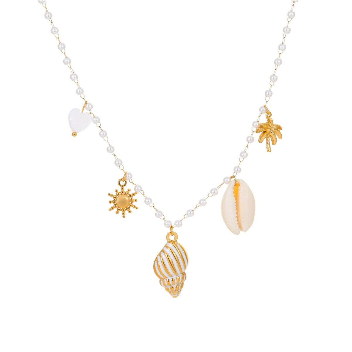 Elegante collar de acero inoxidable con colgante de concha de inspiración francesa, diseño oceánico y acabado chapado para mujer