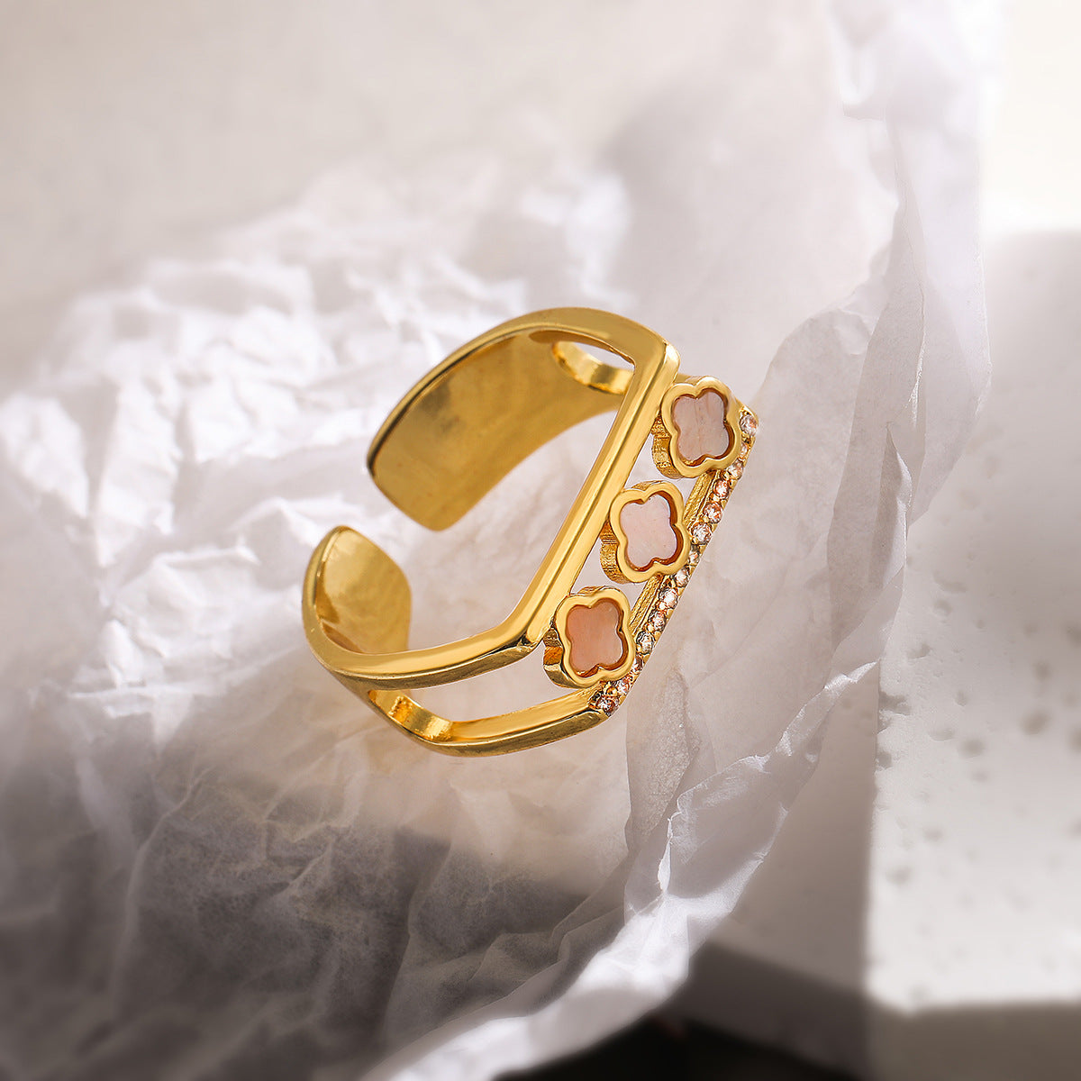 Minimalist Geometric Open Ring for Women in Brass with 18K Gold Plating and Zircon Inlay