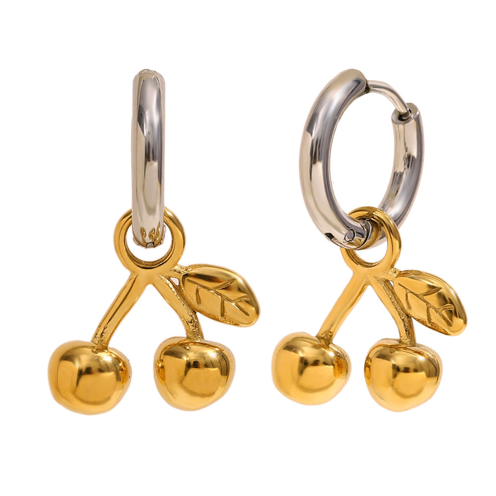 Orecchini in acciaio inossidabile a forma di ciliegia con placcatura in oro 18 carati per donne, design alla moda minimalista e adatto per l'ufficio